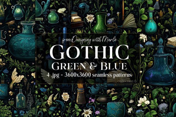 Gothic Green Blue Seamless Patterns 6: Elevating Your Wiccan and Halloween Craft Projects