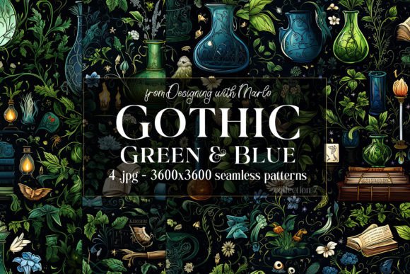 Gothic Green Blue Seamless Patterns 7: Elevating Creative Projects with Wiccan Aesthetics