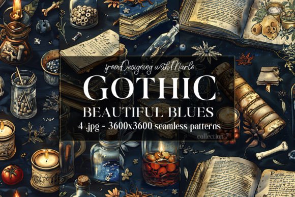 Gothic Wiccan Blue Seamless Patterns 7