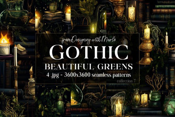 Gothic Wiccan Green Seamless Patterns 7