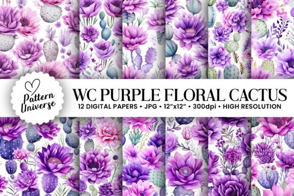 Watercolor Purple Floral Cactus Patterns